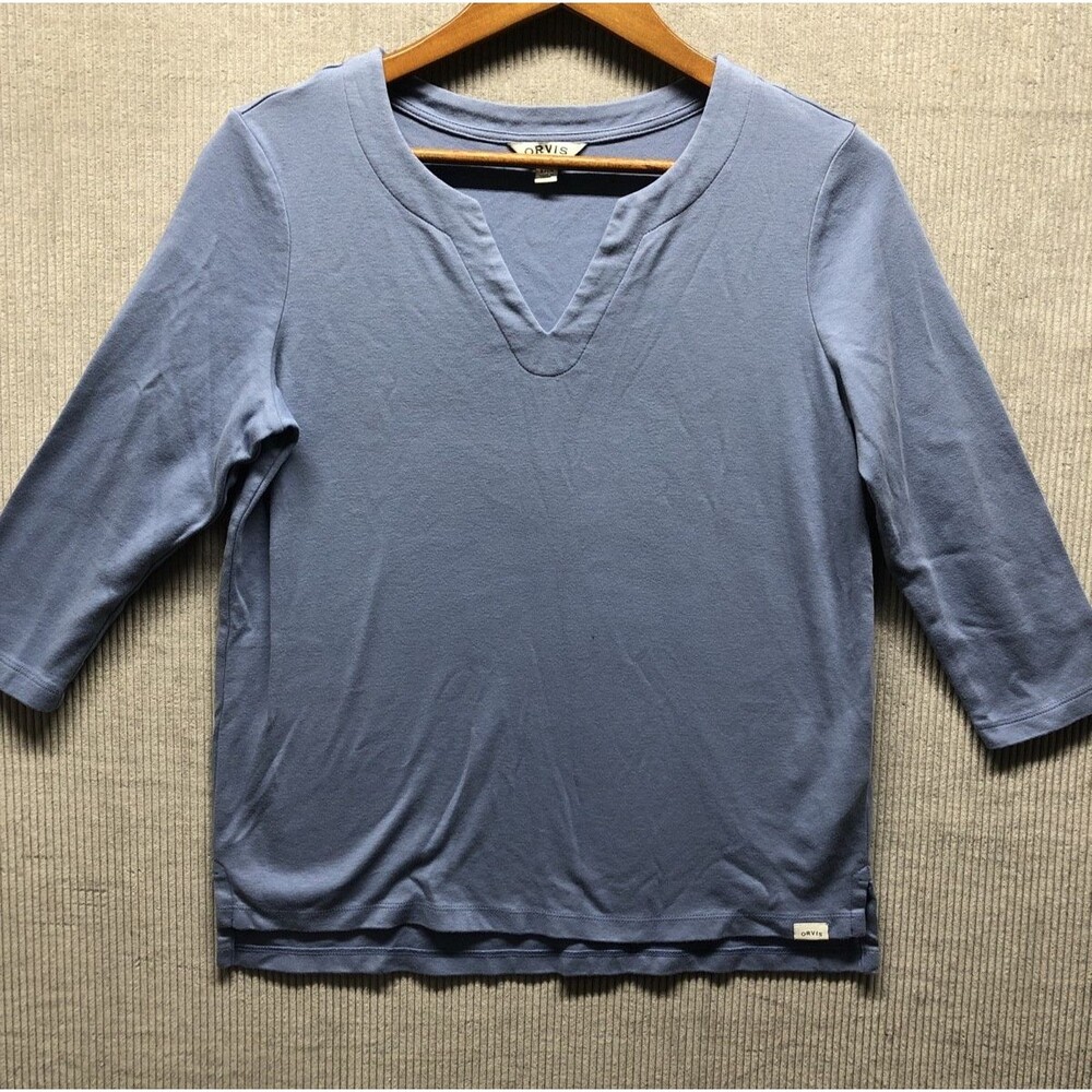 Orvis Womens Tee Shirt Size Small Blue V Neck 3/4 Sleeve Coastal Casual Outdoor